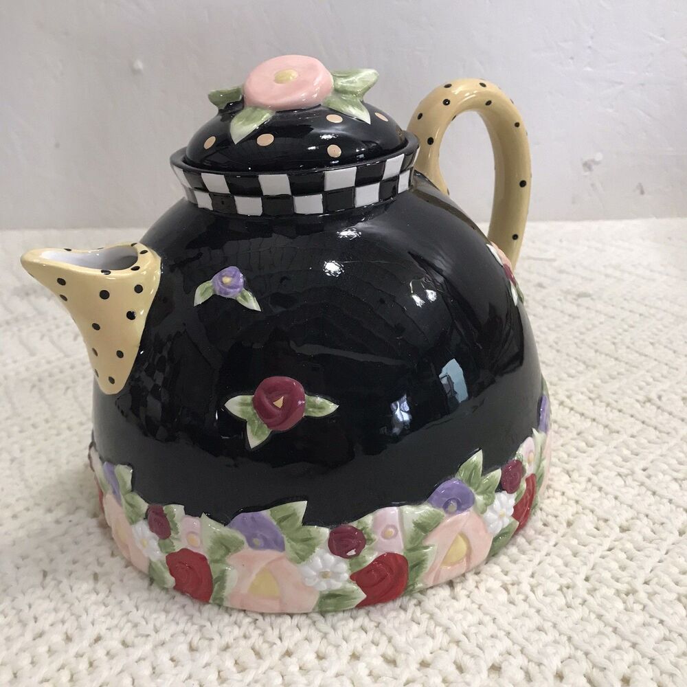 Mary Engelbreit Cottage Rose Teapot Black Checkerboard
